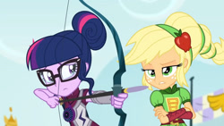 Size: 3410x1920 | Tagged: safe, imported from derpibooru, screencap, applejack, sci-twi, twilight sparkle, equestria girls, friendship games, archery, crossed arms, crying, duo, duo female, female, glasses, high res, magic capture device, sad