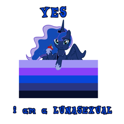 Size: 1280x1280 | Tagged: safe, editor:lemno'tea, imported from derpibooru, princess luna, alicorn, pony, apple, color palette, eating, female, flag, food, herbivore, lunasexual, meme, palette, ponified meme, pride flag, simple background, solo, text, white background