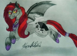 Size: 1920x1392 | Tagged: safe, artist:monse2001, imported from derpibooru, oc, oc only, bat pony, pony, bat pony oc, bat wings, deviantart watermark, hoof shoes, obtrusive watermark, signature, solo, traditional art, watermark, wings