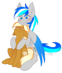 Size: 824x969 | Tagged: safe, artist:scarlet-spectrum, imported from derpibooru, oc, oc only, oc:coffee creme, oc:hawker hurricane, pegasus, pony, blushing, colored wings, cute, duo, female, floppy ears, glasses, happy, hooves, hug, hug from behind, male, mare, multicolored wings, not mareota, pegasus oc, simple background, slim, smiling, stallion, tail, transparent background, wings