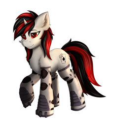 Size: 4447x4809 | Tagged: safe, alternate version, artist:flapstune, imported from derpibooru, oc, oc only, oc:blackjack, cyborg, cyborg pony, pony, unicorn, fallout equestria, fallout equestria: project horizons, amputee, augmented, chest fluff, cyber eyes, cyber legs, cybernetic legs, ear fluff, fanfic art, female, fluffy, horn, level 1 (project horizons), looking at you, mare, prosthetics, simple background, small horn, solo, transparent background