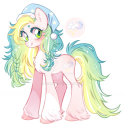 Size: 1024x1026 | Tagged: safe, artist:miioko, imported from derpibooru, oc, oc only, earth pony, pony, blushing, braid, deviantart watermark, earth pony oc, female, mare, nightcap, obtrusive watermark, simple background, smiling, solo, unshorn fetlocks, watermark, white background