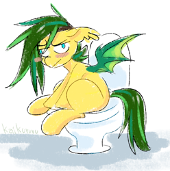 Size: 1737x1752 | Tagged: safe, artist:kaikururu, imported from derpibooru, oc, oc only, bat pony, pony, bat pony oc, bat wings, blushing, but why, female, implied pooping, mare, simple background, sitting, sitting on toilet, solo, toilet, unamused, white background, wings