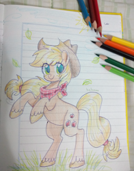 Size: 4008x5123 | Tagged: safe, artist:kaikururu, imported from derpibooru, applejack, earth pony, pony, eyelashes, hat, leaves, lined paper, neckerchief, rearing, smiling, solo, traditional art, unshorn fetlocks