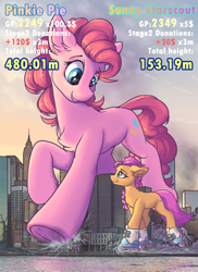 Size: 1600x2200 | Tagged: safe, artist:ravistdash, imported from derpibooru, pinkie pie, sunny starscout, earth pony, pony, spoiler:g5, city, destruction, female, g5, giant pinkie pie, growth drive, looking at each other, looking at someone, macro, my little pony: a new generation, new york city, roller skates, running, size difference, smiling, stomping, text
