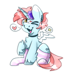 Size: 728x768 | Tagged: safe, artist:pinkalotl, imported from derpibooru, oc, oc only, oc:candy, alicorn, pony, chest fluff, clothes, fangs, femboy, flower, fluffy, freckles, horn, male, piercing, simple background, sitting, small wings, socks, soft, solo, stockings, striped socks, thigh highs, transparent background, wings