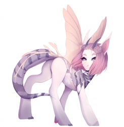 Size: 1254x1280 | Tagged: safe, artist:agurana, imported from derpibooru, oc, oc only, original species, pony, black sclera, butt, claws, commission, digital art, ear tufts, horns, looking back, plot, rear view, short hair, short mane, simple background, solo, white background, wings