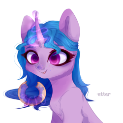 Size: 1024x1024 | Tagged: safe, artist:etter, imported from derpibooru, izzy moonbow, pony, unicorn, bust, chest fluff, donut, food, g5, horn, magic, my little pony: a new generation, portrait, simple background, solo, white background