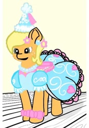 Size: 711x1024 | Tagged: safe, artist:darlycatmake, edit, edited screencap, imported from derpibooru, screencap, applejack, earth pony, pony, look before you sleep, applejack also dresses in style, bow, clothes, colored, cute, dress, dressup, ear piercing, flower, flower in hair, froufrou glittery lacy outfit, hennin, jackabetes, piercing, princess, princess applejack, wide eyes