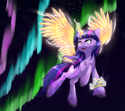 Size: 3400x3000 | Tagged: safe, artist:nihithebrony, imported from derpibooru, twilight sparkle, alicorn, earth pony, pony, aurora borealis, bracer, celtic, colored wings, complex background, earth pony twilight, female, flying, g4, g4 to g5, g5, g5 concept leaks, glowing, glowing horn, glowing wings, happy, horn, magic, mare, norse mythology, outdoors, race swap, runes, smiling, solo, stars, twilight sparkle (alicorn), viking, wings