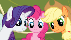 Size: 1920x1080 | Tagged: safe, imported from derpibooru, screencap, applejack, pinkie pie, rarity, earth pony, pony, unicorn, read it and weep, season 2, cute, diapinkes, female, jackabetes, mare, raribetes, smiling, trio, trio female