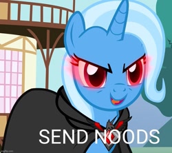 Size: 811x720 | Tagged: safe, edit, edited screencap, imported from derpibooru, screencap, trixie, pony, unicorn, alicorn amulet, clothes, corrupted, evil trixie, food, glowing, glowing eyes, image macro, implied noodles, meme, noodles, red eyes, robe, send nudes, trixie yells at everything