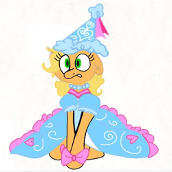 Size: 675x675 | Tagged: safe, artist:darlycatmake, imported from derpibooru, applejack, earth pony, pony, look before you sleep, beautiful, beautiful eyes, beautiful hair, blonde, bow, clothes, colored, dress, dressup, embarrassed, froufrou glittery lacy outfit, hennin, jewelry, necklace, princess, princess applejack, upset, why, wide eyes, worried