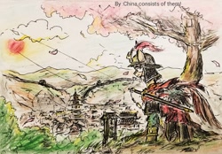 Size: 2028x1409 | Tagged: safe, artist:china consists of them!, imported from derpibooru, kirin, ancient, china, military, pink, scenery, soldier, solo, sunshine, sword, tang dynasty, town, traditional art, tree, weapon