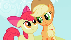 Size: 1920x1080 | Tagged: safe, imported from derpibooru, screencap, apple bloom, applejack, earth pony, pony, season 2, sisterhooves social, adorabloom, cute, duo, duo female, female, filly, foal, jackabetes, looking at each other, looking at someone, mare, siblings, sisters