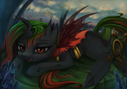 Size: 1000x700 | Tagged: safe, artist:genbulein, imported from derpibooru, oc, oc only, oc:queen mira, changeling, changeling queen, detailed background, double colored changeling, female, horn, solo, tongue out, wings