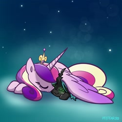 Size: 2048x2048 | Tagged: safe, artist:pfeffaroo, imported from derpibooru, part of a set, princess cadance, queen chrysalis, alicorn, changeling, nymph, pony, cute, cutealis, cutedance, duo, female, filly, filly queen chrysalis, lying down, prone, sleeping, wing blanket, winghug, wings, younger