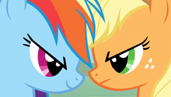 Size: 1920x1080 | Tagged: safe, imported from derpibooru, screencap, applejack, rainbow dash, earth pony, pegasus, pony, fall weather friends, season 1, close-up, duo, duo female, face to face, female, mare, narrowed eyes, this will end in race