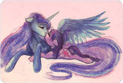 Size: 1000x681 | Tagged: safe, artist:cosmicunicorn, imported from derpibooru, princess luna, twilight sparkle, alicorn, pony, unicorn, butt, cuddling, cute, eyes closed, female, floppy ears, kiss on the lips, kissing, lesbian, lunabetes, lying down, mare, missing accessory, plot, prone, shipping, spread wings, traditional art, twiabetes, twiluna, unicorn twilight, wing fluff, wings