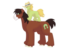 Size: 1280x854 | Tagged: safe, artist:itstechtock, imported from derpibooru, trouble shoes, oc, earth pony, pony, colt, duo, foal, hat, male, offspring, parent:applejack, parent:trouble shoes, parents:troublejack, simple background, transparent background, unshorn fetlocks