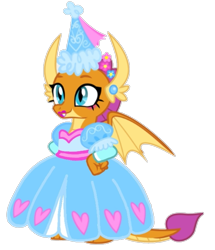 Size: 673x781 | Tagged: safe, artist:darlycatmake, imported from derpibooru, smolder, dragon, look before you sleep, beautiful, beautiful eyes, clothes, dragon tail, dragon wings, dragoness, dress, dressup, ear piercing, female, flower, flower in hair, froufrou glittery lacy outfit, happy, hennin, lips, lipstick, looking at someone, looking at something, makeup, piercing, princess, princess smolder, proud, simple background, smiling, solo, tail, transparent background, wide eyes, wings