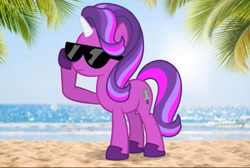 Size: 674x454 | Tagged: artist needed, source needed, safe, imported from derpibooru, oc, oc only, oc:agent0fluffy, pony, unicorn, beach, female, full body, hoof shoes, horn, mare, multicolored mane, multicolored tail, not starlight glimmer, ocean, outdoors, palm tree, shadow, show accurate, solo, standing, sunglasses, tail, tree, unicorn oc, water