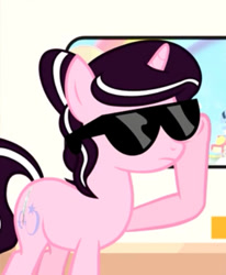 Size: 375x456 | Tagged: source needed, safe, artist:magpie-pony, imported from derpibooru, oc, oc only, oc:magpie, pony, unicorn, female, frown, horn, mare, show accurate, solo, sunglasses, two toned mane, unicorn oc
