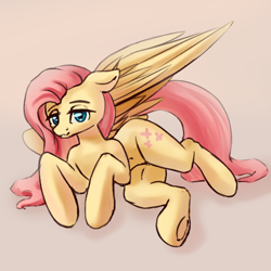 Size: 1000x1000 | Tagged: safe, artist:falses, imported from derpibooru, fluttershy, pegasus, pony, blushing, cute, digital art, eyebrows, eyes open, female, floppy ears, frog (hoof), gradient background, looking at you, lying down, mare, on side, shading, shyabetes, sketch, solo, thighs, underhoof, wings