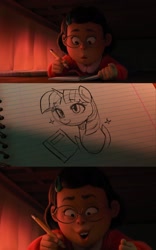 Size: 1282x2048 | Tagged: safe, artist:maren, edit, edited screencap, imported from derpibooru, screencap, twilight sparkle, human, pony, book, glasses, lined paper, meilin lee, open mouth, pencil, pencil drawing, sketch, traditional art, turning red, younger