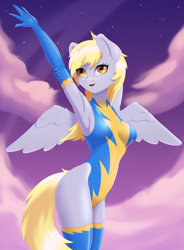 Size: 2800x3800 | Tagged: safe, artist:junglemango, imported from derpibooru, derpy hooves, anthro, pegasus, armpits, breasts, clothes, female, legs together, leotard, skintight clothes, solo, uniform, wonderbolt leotard, wonderbolt trainee uniform