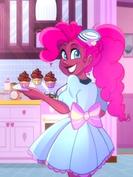 Size: 1542x2048 | Tagged: safe, artist:carouselunique, imported from derpibooru, pinkie pie, human, baking, bow, cabinet, clothes, colored pupils, cupcake, dark skin, detailed background, digital art, dress, eyebrows, eyelashes, eyes open, female, food, frosting, g4, grin, happy, hat, heart, humanized, kitchen, lightning, looking at you, looking back, looking back at you, plate, ponytail, raised eyebrow, smiling, smiling at you, solo, stove