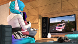 Size: 1920x1080 | Tagged: safe, artist:anthroponiessfm, imported from derpibooru, oc, oc:aurora starling, oc:maple cake, anthro, cat, 3d, anthro oc, braid, cute, female, forza horizon 5, playing, sitting on lap, source filmmaker, zebra print