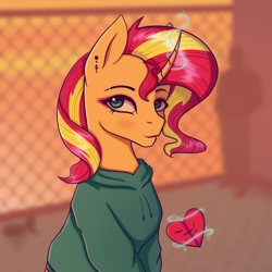 Size: 2000x2000 | Tagged: safe, artist:tanatos, imported from derpibooru, sunset shimmer, pony, unicorn, equestria girls, clothes, female, hoodie, makeup, mare, simple background, solo, sunset