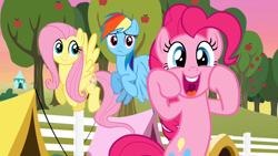 Size: 1280x720 | Tagged: safe, imported from derpibooru, screencap, fluttershy, pinkie pie, rainbow dash, earth pony, pegasus, pony, season 2, the super speedy cider squeezy 6000, apple, apple tree, cute, diapinkes, excited, female, fence, flying, frown, hooves, mare, open mouth, open smile, outdoors, smiling, spread wings, tent, tree, trio, trio female, wings