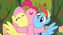Size: 1280x720 | Tagged: safe, imported from derpibooru, screencap, fluttershy, pinkie pie, rainbow dash, earth pony, pegasus, pony, season 2, the super speedy cider squeezy 6000, ^^, apple, apple tree, cute, diapinkes, eyes closed, female, frown, hug, mare, nose in the air, open mouth, open smile, outdoors, shyabetes, smiling, squishy cheeks, tree, trio, trio female, wings