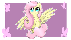 Size: 6324x3584 | Tagged: safe, artist:enviaart, imported from derpibooru, fluttershy, butterfly, pegasus, pony, absurd resolution, blush sticker, blushing, cute, eye clipping through hair, female, full face view, looking at you, looking up, mare, outline, passepartout, shyabetes, sitting, smiling, solo, spread wings, white outline, wings