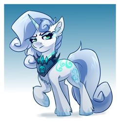 Size: 4000x4000 | Tagged: safe, artist:witchtaunter, imported from derpibooru, oc, oc only, oc:blizzard, pony, unicorn, absurd resolution, chest fluff, commission, ear fluff, female, frown, full body, gradient background, hooves, horn, ice, raised hoof, solo, standing, tail, unicorn oc