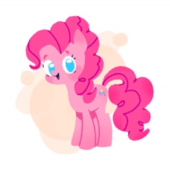 Size: 1023x1032 | Tagged: safe, artist:drunkendonut_d, imported from derpibooru, pinkie pie, earth pony, pony, abstract background, cute, diapinkes, female, full body, hooves, looking at you, mare, no pupils, open mouth, open smile, simple background, smiling, solo, standing, tail, white background