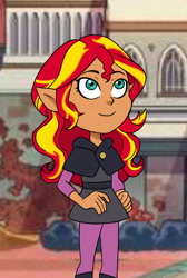 Size: 2362x3507 | Tagged: safe, artist:citrusbluebelly, imported from derpibooru, sunset shimmer, abomination track, clothes, crossover, female, humanoid, pointed ears, school uniform, solo, style emulation, the owl house, unicorns as elves, witch