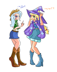 Size: 3142x4000 | Tagged: safe, artist:windywendy29, imported from derpibooru, applejack, trixie, human, equestria girls, applejack's hat, belt, boots, cape, clothes, clothes swap, cowboy boots, cowboy hat, dress, duo, female, flannel, hat, high heel boots, humanized, lesbian, shipping, shirt, shoes, simple background, skirt, t-shirt, tripplejack, trixie's cape, trixie's hat, white background