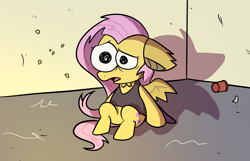 Size: 1400x900 | Tagged: safe, anonymous artist, imported from derpibooru, fluttershy, pegasus, pony, clothes, costume, cup, fake wings, female, flutterbat costume, looking forward, mare, open mouth, parody, pim pimling, scene parody, shocked, sitting, smiling friends, solo, style emulation