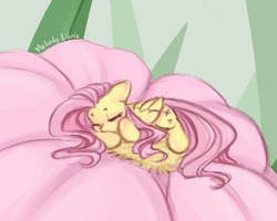 Size: 826x660 | Tagged: safe, artist:melodylibris, imported from derpibooru, fluttershy, pegasus, pony, cute, daaaaaaaaaaaw, eyes closed, female, floppy ears, flower, folded wings, lying down, mare, micro, outdoors, shyabetes, sleeping, solo, tiny, tiny ponies, wings