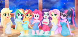 Size: 1805x865 | Tagged: safe, artist:charliexe, imported from derpibooru, applejack, fluttershy, pinkie pie, rainbow dash, rarity, sci-twi, sunset shimmer, twilight sparkle, equestria girls, adorasexy, applebutt, ass, bare shoulders, breasts, butt, cleavage, cute, dashabetes, diapinkes, female, glasses, grin, hot springs, humane five, humane seven, humane six, jackabetes, looking at you, naked towel, onsen, open mouth, ponytail, raribetes, sci-twibutt, sexy, shimmerbetes, shyabetes, sitting, smiling, steam, towel, twiabetes, twibutt, water, wet