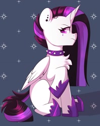 Size: 1287x1627 | Tagged: safe, artist:sakukitty, imported from derpibooru, princess celestia, alicorn, pony, between dark and dawn, chest fluff, choker, ear piercing, female, mare, missing cutie mark, piercing, punklestia, raised hoof, solo, spiked choker
