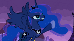 Size: 1920x1080 | Tagged: safe, imported from derpibooru, screencap, princess luna, alicorn, pony, luna eclipsed, female, mare, raised hoof, smiling, solo