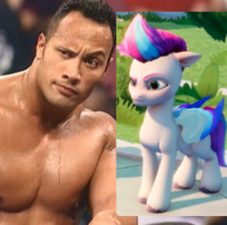 Size: 1926x1913 | Tagged: safe, artist:therealdjthed, imported from derpibooru, screencap, zipp storm, human, pegasus, dwayne johnson, eyebrows, g5, irl, irl human, meme, my little pony: a maretime bay adventure, photo, raised eyebrow, the rock, video game