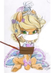 Size: 1010x1327 | Tagged: safe, artist:ashertristaxx12, imported from derpibooru, applejack, earth pony, pony, angry, applejack is not amused, bow, cloth gag, clothes, cute, dress, dressup, ear piercing, flower, flower in hair, gag, glare, hennin, jackabetes, needs more jpeg, piercing, princess, princess hat, tied up, unamused