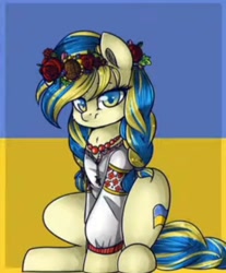 Size: 572x692 | Tagged: artist needed, source needed, useless source url, safe, imported from derpibooru, oc, oc:ukraine, pony, clothes, dress, flag, nation ponies, ponified, solo, ukraine, vyshyvanka, wreath