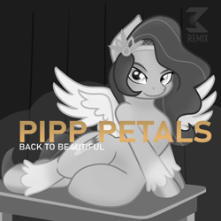 Size: 2000x2000 | Tagged: safe, artist:grapefruit-face, artist:joey darkmeat, edit, imported from derpibooru, pipp petals, pegasus, pony, draw me like one of your french girls, female, g5, grayscale, high res, looking at you, lying down, mare, monochrome, ponified, ponified single cover, single cover, sofia carson, solo, spread wings, table, voice actor joke, wings