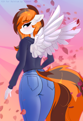 Size: 1968x2880 | Tagged: safe, alternate version, artist:xjenn9, imported from derpibooru, oc, oc only, oc:rainy sky, anthro, pegasus, alternate character, ass, bedroom eyes, blue eyes, blushing, breasts, butt, clothes, commission, digital art, eyeshadow, female, hoodie, jeans, leaves, looking back, makeup, orange hair, pants, pegasus oc, pink eyeshadow, simple background, solo, tail, two toned mane, two toned tail, wings, ych result